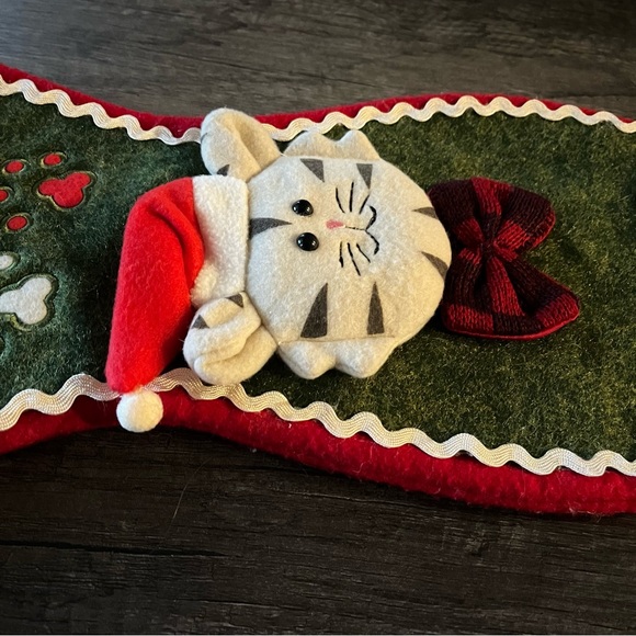 Cat Christmas Stocking Fish Shaped Felt Pet Kitty In Santa Hat & Bowtie 17.5" - Picture 3 of 7